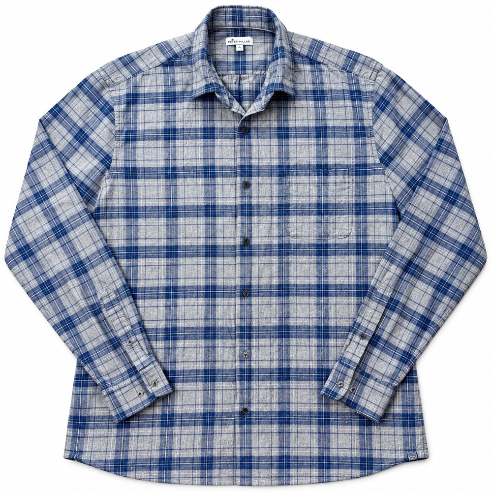 Peter Millar Button Down Shirt Mens L Plaid Blue Gray Cotton Flannel